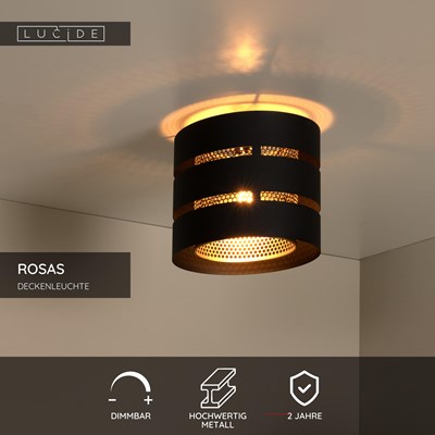 Lucide ROSAS - Deckenleuchte - Ø 26 cm - 1xE27 - Schwarz